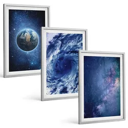 BILDER SET 3er Set - 40x60 cm Silberner Rahmen - Erde Weltraumsturm Galaxie