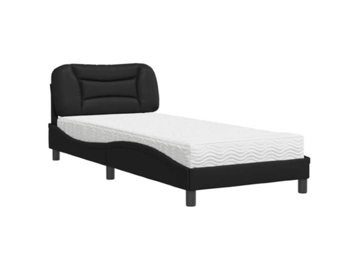 PUGYNBK Hvar Bett mit Matratze, Kunstleder, Schwarz, 90 x 190 cm 22D-Schaumstoff, Härte H2/H3, Kopfteil inklusive, Lattenrost, einfache Reinigung