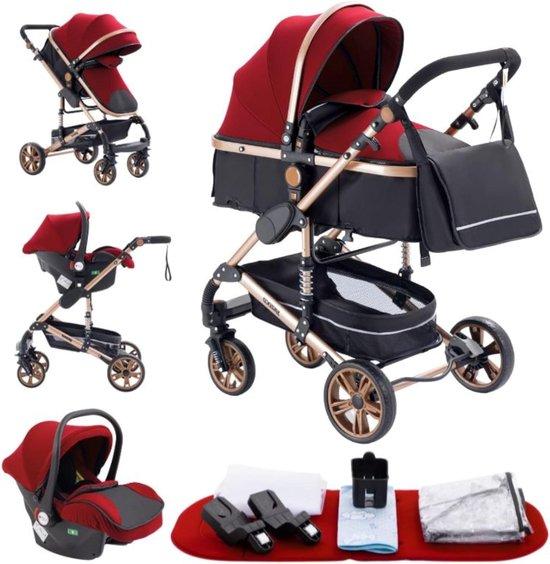 3-in-1 Kinderwagen - Kombination aus Kinderwagen, Reisebett und Transport für Babys - Doppelachssuspension - 83 x 60 x 105 cm - Rot