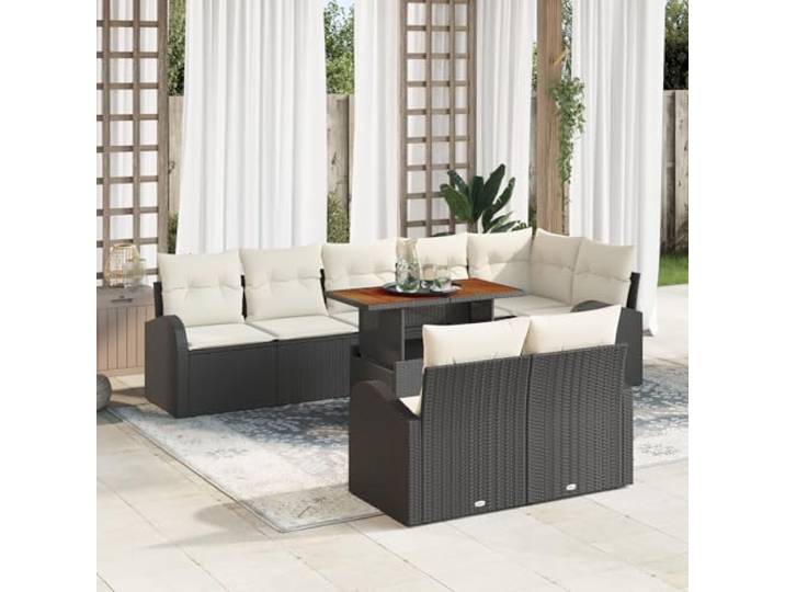 HEFZGDB 9-teiliges Garten Esszimmer Set mit Kissen Schwarz Poly Rattan Akazie Outdoor Möbel Terrassenmöbel