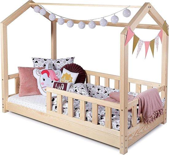 Kinderbett im Hausform-Design - Sicheres Schlafen - Mit Schutzgitter - 70x140 cm - Aus natürlichem Holz