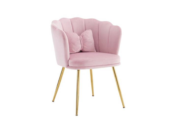 Fauteuil décoratif rembourré - HIBA - Dossier en forme de pétale - Velours rose - Pieds métal dorés - Coussin papillon