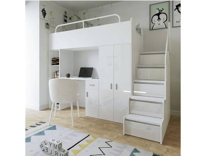 Marlux-Meble Hochbett JSM-4 80x190 mit Kleiderschrank Schreibtisch und Treppe Hochglanz Kinderbetten Funktionsbett Etagenbett Stockbett Kinderhochbett Jugendhochbett (Weiß Glanz)