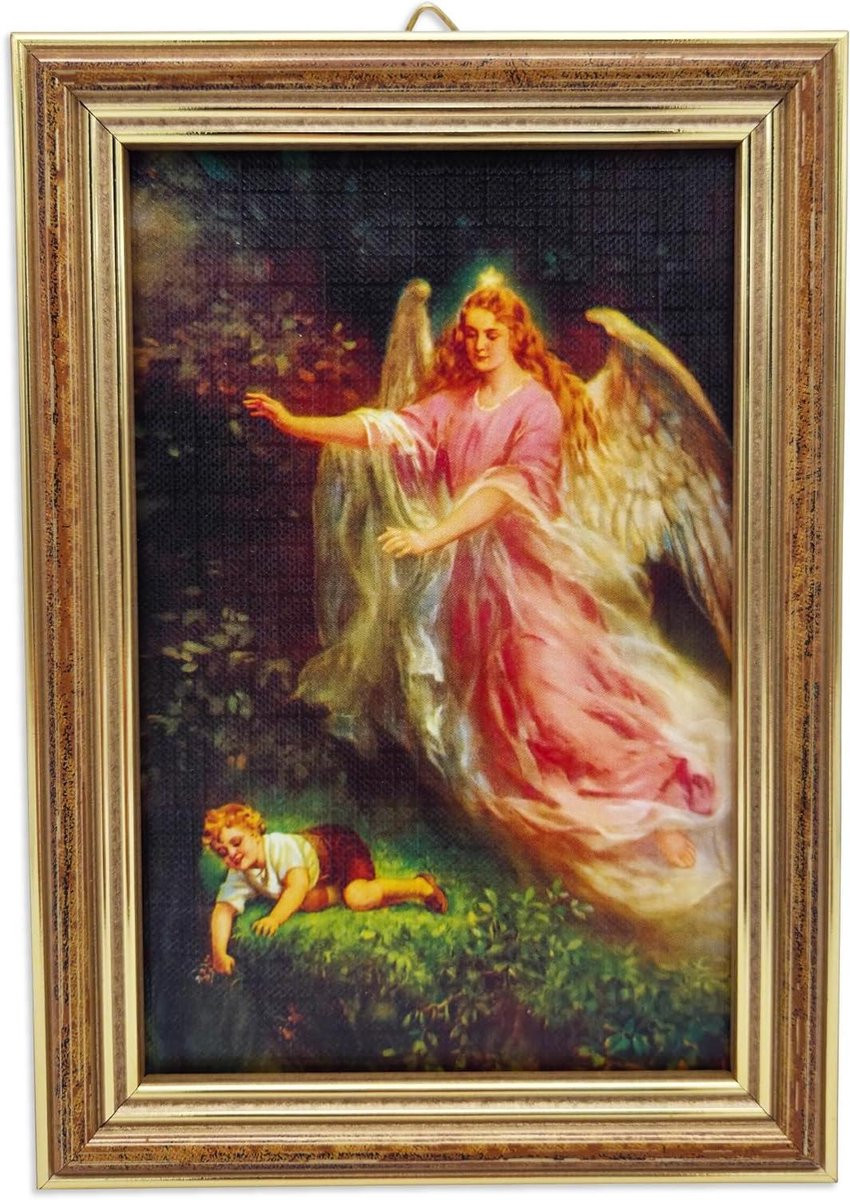 Beschermengel Afbeelding - Engel Bewaart Kind - Religieuze Decoratie - Goud/Meerkleurig - 12 x 17 cm