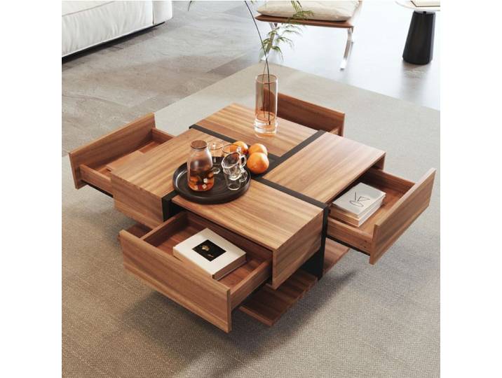 WUVRIE Table basse carrée 78 x 78 x 36 cm avec 4 tiroirs tablette inférieure décor bois et noir