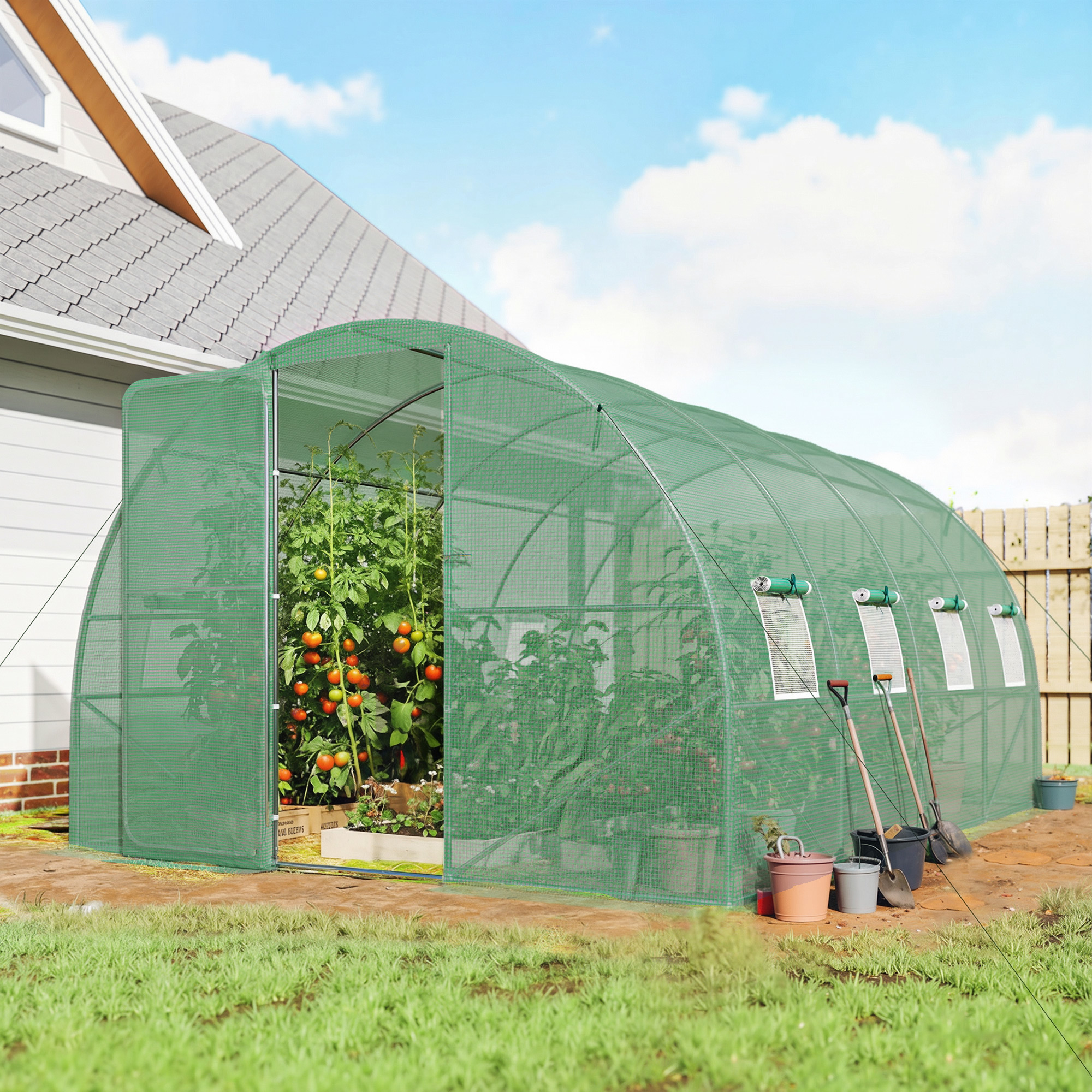 Outsunny Serra tunnel da giardino 12 m², serra tunnel da giardino 295x400x200 cm porta e 8 finestre, telo PE 140 g/m² verde   Aosom Italy
