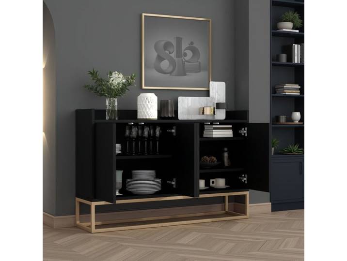 Buffet Design Minimaliste Noir 4 Portes sans Poignées Buffet bas Moderne pour Salon ou Entrée