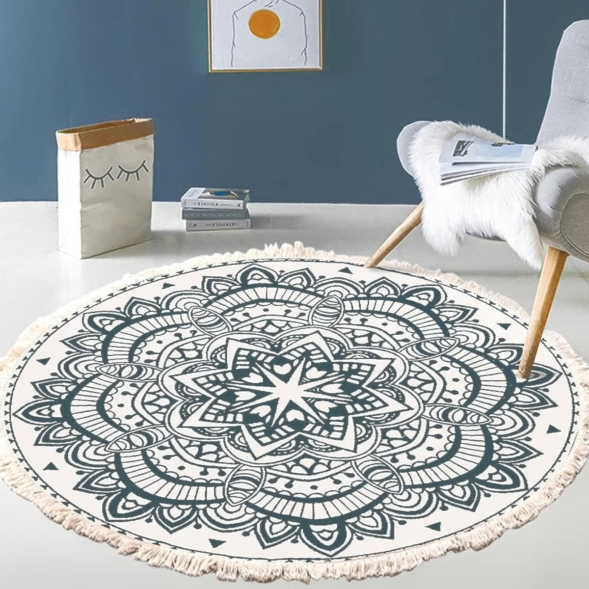 Bohemian Rond Katoenen Vloerkleed met Bloemenpatroon en Tassels - Diameter: 90 cm