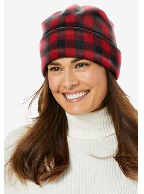 Women's Cuffed Microfleece Hat by Accessories For All in Classic Red Buffalo Plaid