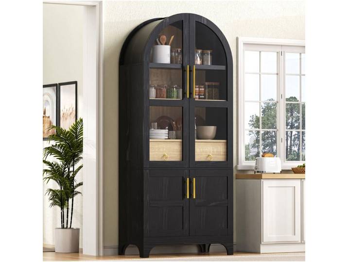 Modenuit Buffet de cuisine highboard noir 76x40x180 cm portes vitrées nervurées 2 tiroirs étagères réglables