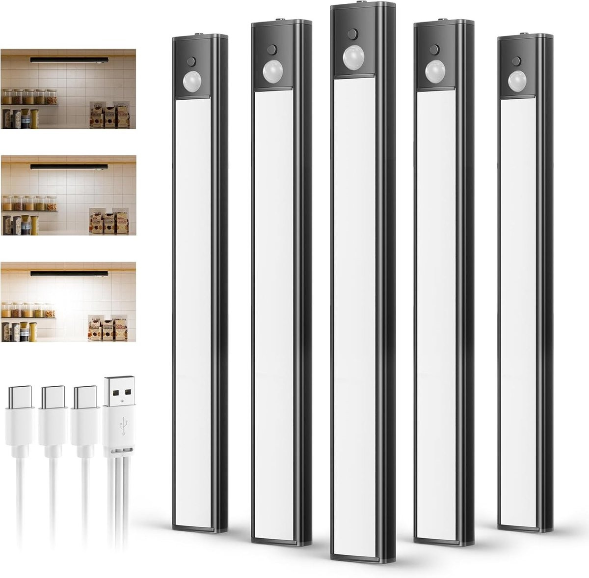 Set van 5 oplaadbare magnetische keukenverlichting met bewegingssensor voor kast en aanrecht, 30 cm