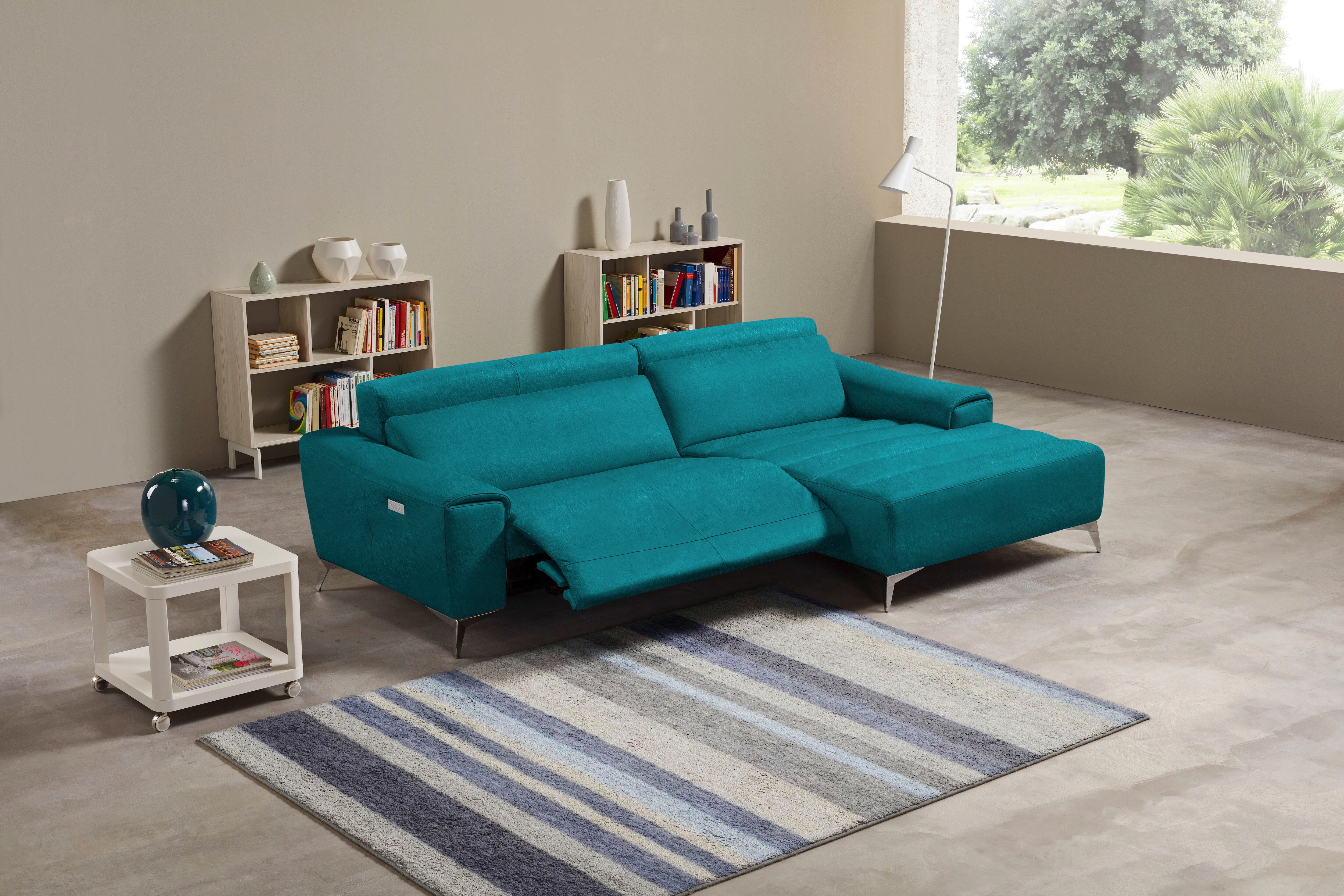 Ecksofa EGOITALIANO "Suzette, Designsofa mit hohem Sitzkomfort", blau (teal), B:266cm H:95cm T:163cm, Sofas, Ecksofa, mit Recamiere, inkl. 1 elektronischen Relaxfunktion, L-Form