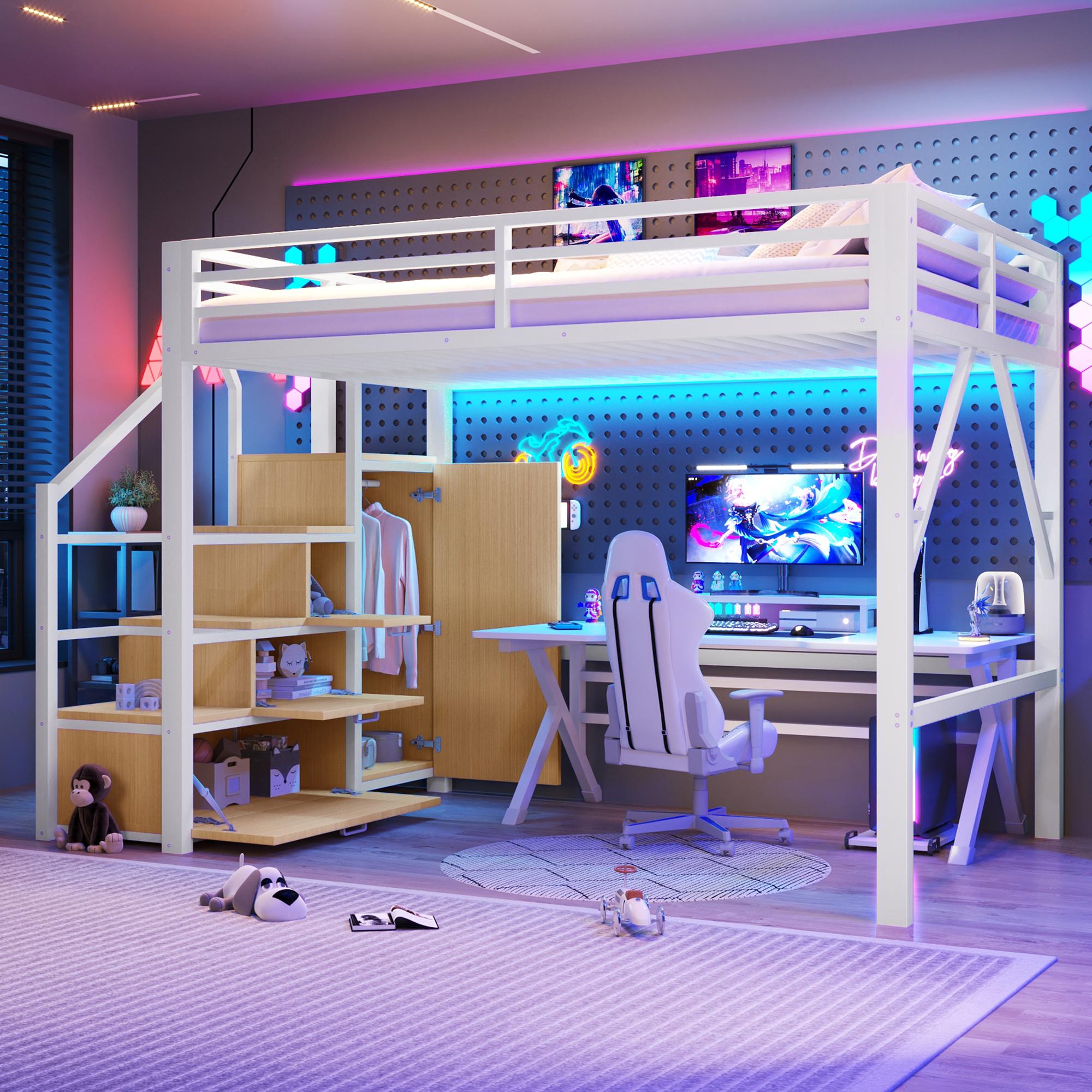 Merax Etagenbett 140x200 cm, Hochbett mit Kleiderschrank, Stauraumtreppe, Metall-Hochbett mit LED-Beleuchtung, Kinderbett, Stockbett, Weiß