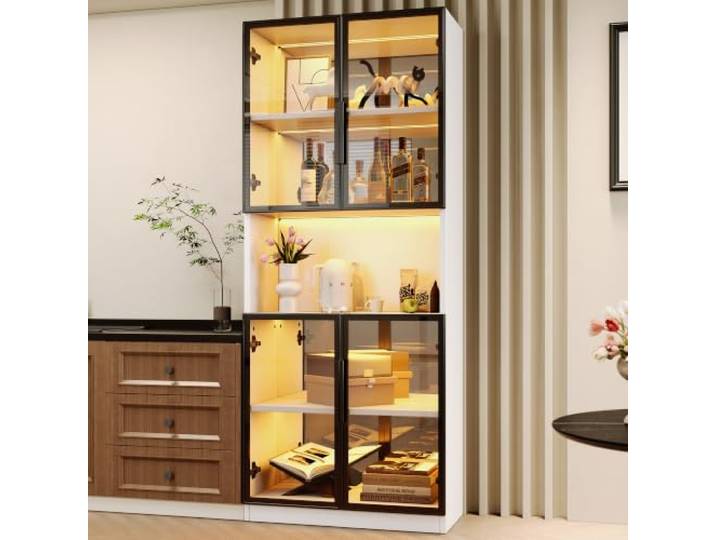 Merax Glasvitrine 70x30x170 cm mit LED-Beleuchtung, Spiegelrückwand & grauen ESG-Glastüren – Ausstellungsschrank aus MDF für Wohnzimmer, Küche & Esszimmer, Weiß+Grau