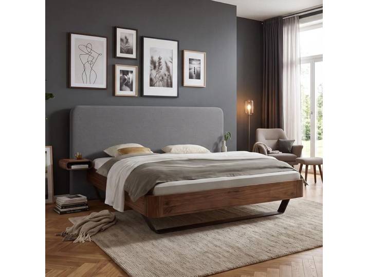 Bett Livian Nussbaum Massivholz 140x200cm modern, Mit Kopfteil