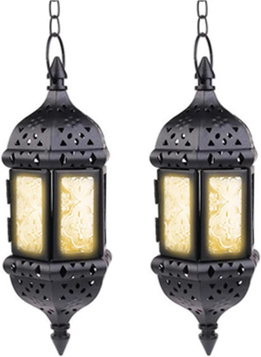 Hangende Kaarslantaarn Zwart - Metaal - Vintage Marokkaans Design - Hoogte: 24 cm