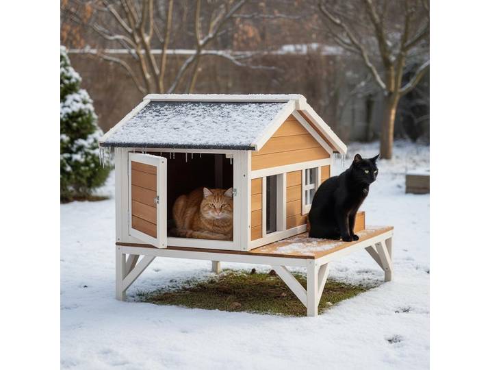 Maisonnette surélevée pour chat, 110,5x85,3x78,7 cm, Niche extérieure isolée en mousse, Abri en bois avec grande plateforme, Toi
