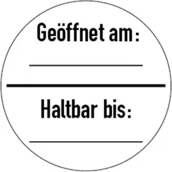 König Werbeanlagen Prüfplakette, Geöffnet am: / Haltbar bis:, Ø 30 mm, Dokumentenfolie - Bogen = 10 Stück - 30 mm Dokumentenfolie selbstklebend