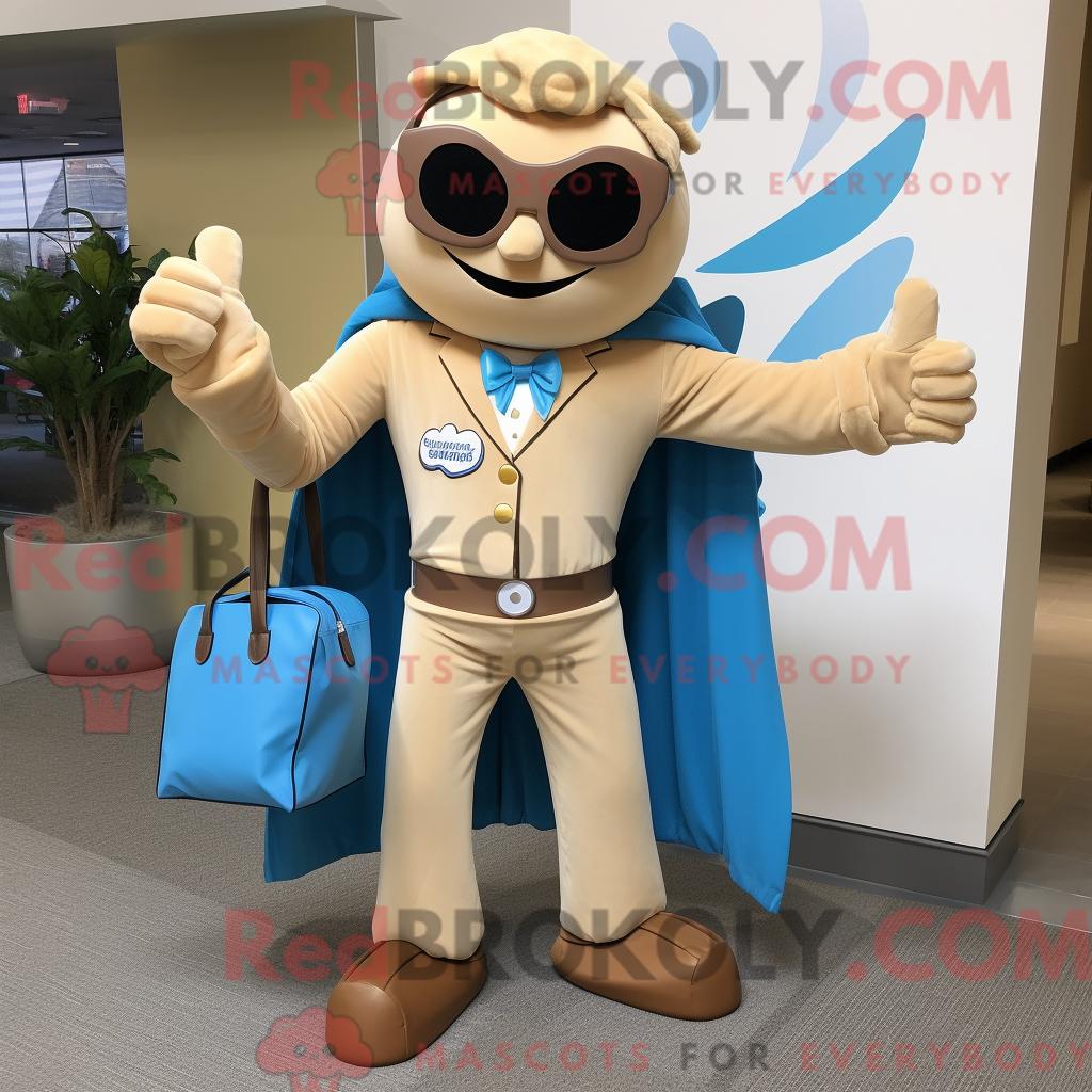 Maskottchen REDBROKOLY eines hellbraunen Superhelden mit Anzugjacke und Handtasche