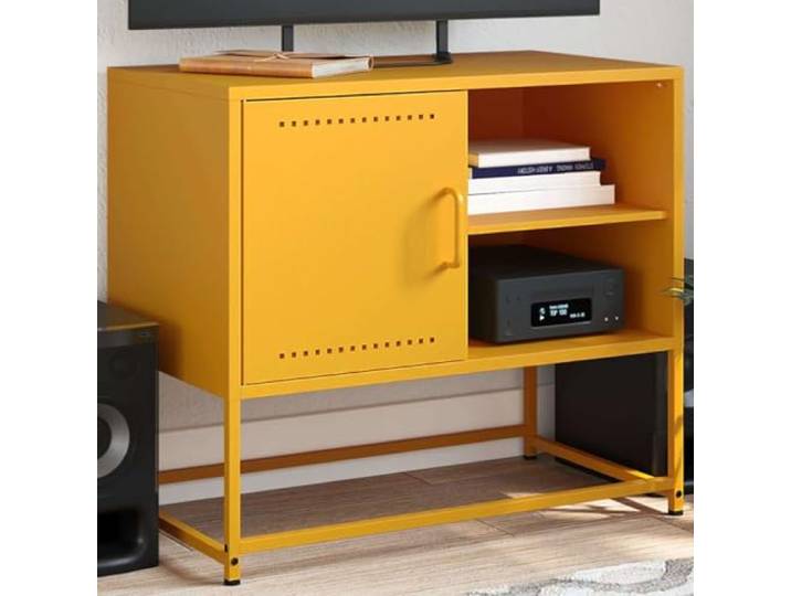 HEFZGDB TV-Schrank Senfgelb 68x39x60,5 cm Stahl Industrie-Stil mit Fach und offenen Ablagen für Multimedia-Geräte, Robustes Gestell, reichlich Stauraum, einfache Reinigung, inklusive