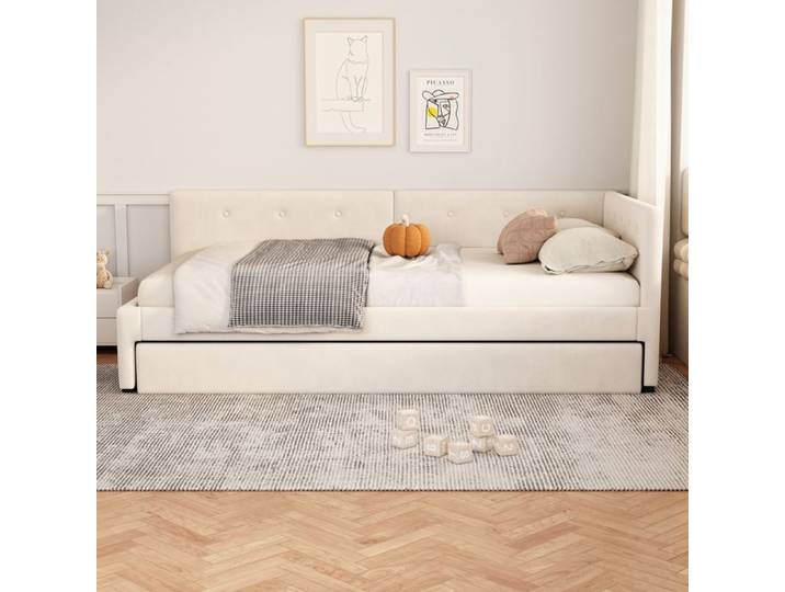Lit - KOMHTOM - Lit d'appoint - 90 x 200 cm - Lit gigogne 90 x 190 cm - Tissu velours beige