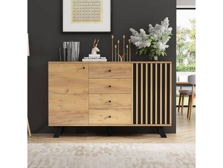 ModernLuxe Wohnzimmer Sideboard 120x38x75 cm – 4 Schubladen & 2 Schränken, hohles Design, Massivholzbeine, Holzfarbe & Schwarz, Kommode für Wohnzimmer Esszimmer