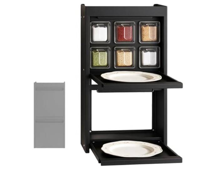 Küchen Hängeschrank, Klapptür, 6 Gewürzbehälter, Wandschrank Hängend Küchenhängeschränke, Kohlenstoffstahl, Griffmulde, Montage ohne Bohren, Geeignet für Feuchte Küchenumgebungen(Black)