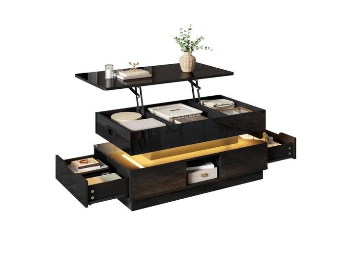 Flieks Couchtisch Hochglanz Lift-Top LED Steckdose Stauraum modern, Schwarz, 48x42.5x90 cm, Wohnzimmer, Wohnzimmertische, Couchtische