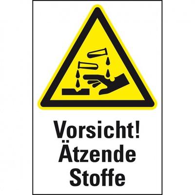 König Werbeanlagen Dreifke® Aufkleber I Warn-Kombischild Vorsicht! Ätzende Stoffe, Folie, 200x300mm, ASR A1.3, DIN EN ISO 7010 W023
