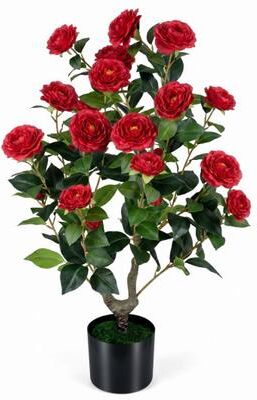 Costway Artificial Camellia Tree Faux Flower Plant in Cement-Filled Pot=Red