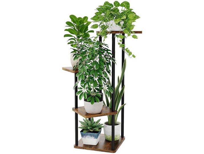 Porte-plantes d'angle 4 niveaux métal et bois brun rustique étagère végétale 4 plantes intérieur montage facile