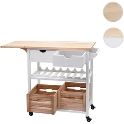 Servierwagen HWC-G35, Küchenwagen Rollwagen Küchenhelfer Beistellwagen Teewagen, Kiefernholz 89x119x41cm ~ natur-weiß