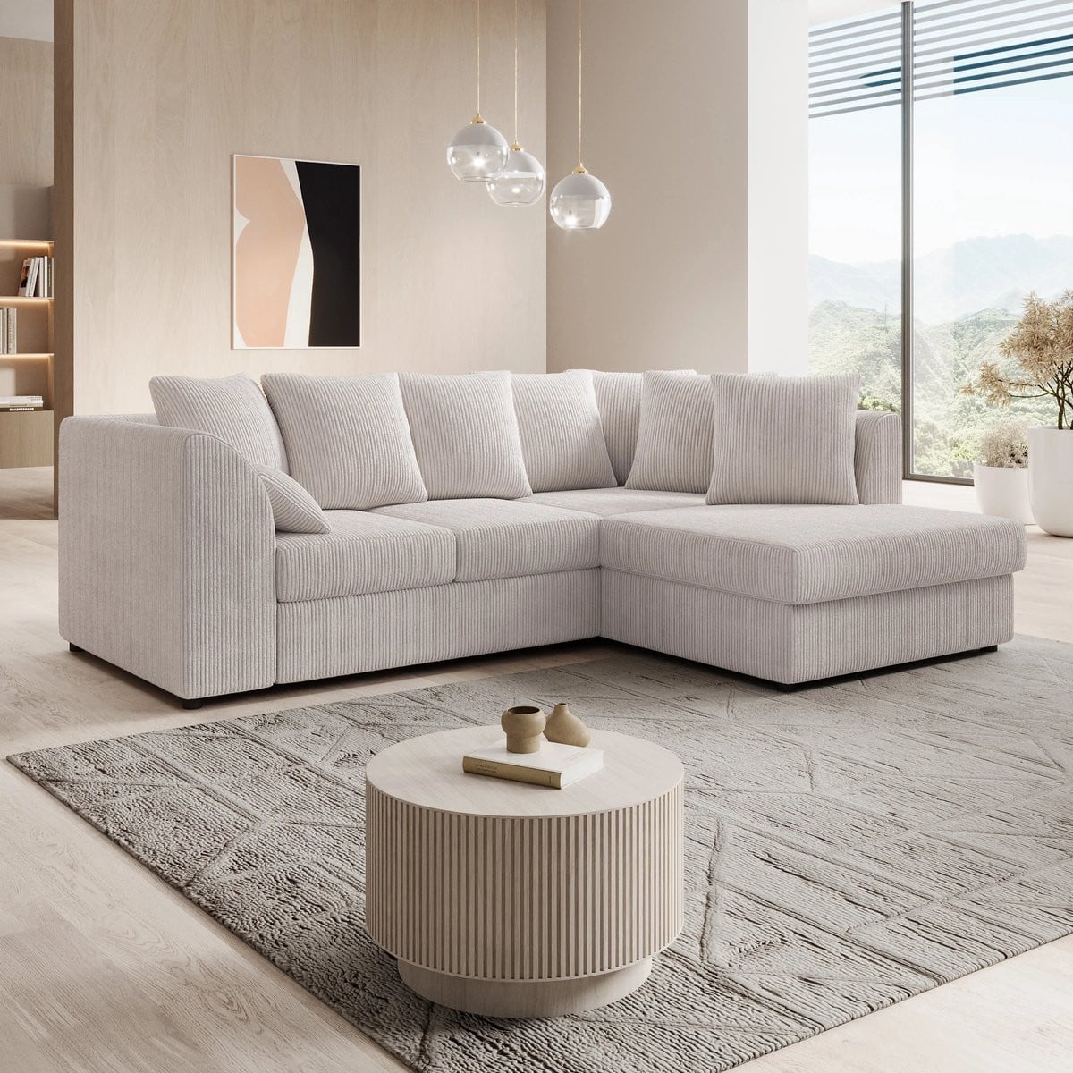 Meubella Hoekbank Alfort - Beige - Ribstof - Rechts - Modern L-vormig design