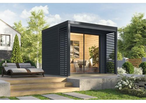 Gartenhaus Karibu Kaspi B Blech anthrazit inkl. Fußboden, Terrasse, Unterkonstruktion, Vordach 276 x 276 cm anthrazit