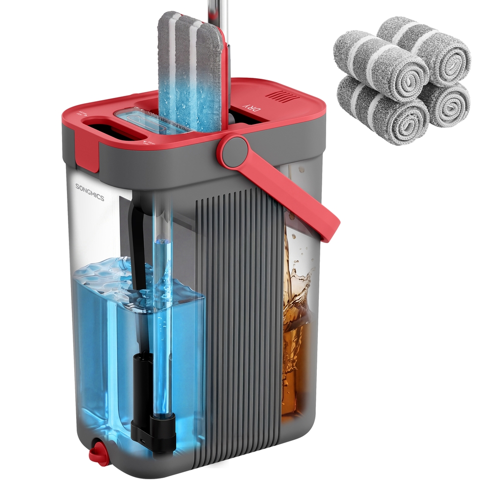 SONGMICS Wischmopp Set grau-rot 4 Bezüge mit Eimer und Trennung LMB001GT04
