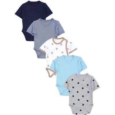 Kurzarmwickelbody TUPTAM "Wickelbody Baby Jungen Kurzarm Wickelbody 5er Set", Jungen, Gr. 74, N-Gr, blau (sterne beige navy uni grau uni sterne uni türkis uni), Obermaterial: 100% Baumwolle CO., Bodys