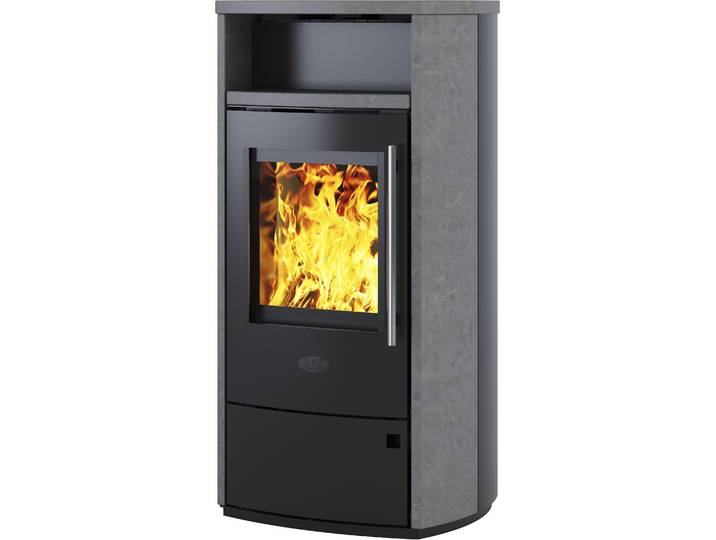 Kaminofen KLEINING »MAILAND« Scheibenspülung, Warmhaltefach , beige (naturstein), Kaminöfen, Kaminofen, mit Naturstein, revolutionäre Türverschlussautomatik
