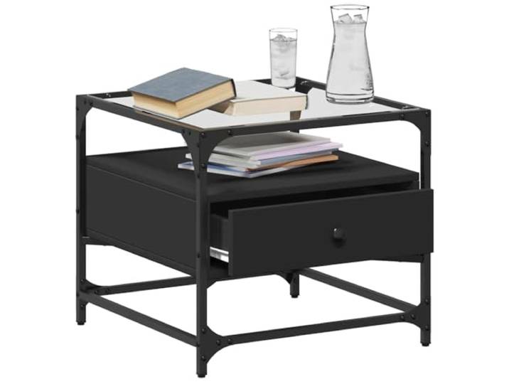 KTHLBRH Beistelltisch, Schwarz, 50 x 50 x 45 cm, Glas, Stahl, Holz Tischplatte aus gehärtetem Glas, Edelstahlrahmen, großer Stauraum, schmutzabweisende Oberfläche, leicht