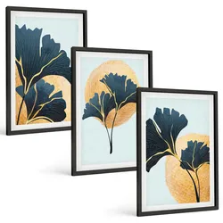 BILDER SET 3er Set - 40x60 cm Schwarzer Rahmen - Ginkgoblätter, heller Hintergrund