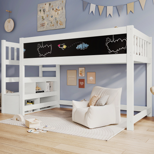AIORBER Etagenbett mit Whiteboard und Kreidetafel, Lattenrost, vier Ablagefächer und Absturzsicherung, 97 x 244 x 113 cm, weiß