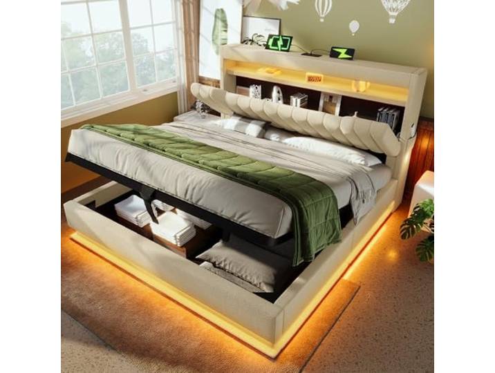 Ball & Cast Hydraulisches Stauraumbett(160x200cm), Polsterbett mit Beleuchtung und USB-Ladefunktion, Praktisches Bettgestell mit Stauraum, Leinenstoff, ohne Matratze, Beige