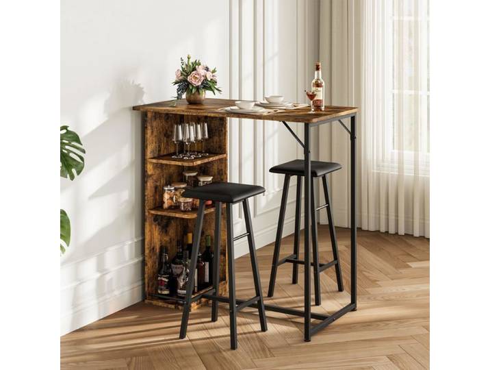 Set Table de Bar 3 Pièces – 1 Table Haute + 2 Tabourets Finition Bois Cadre Acier Style Industriel Idéal pour Cuisine/Studio