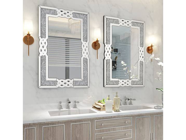 Grand miroir mural LUVODI avec détails en diamant écrasé, finition argentée artistique pour la décoration de la maison