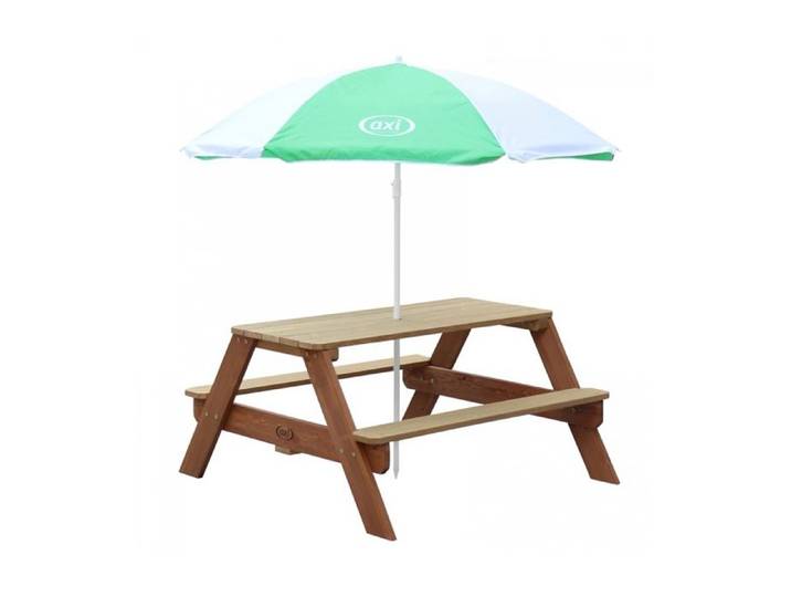 AXI Table Picnic NICK Brun avec Parasol Vert Blanc 98x95x49cm