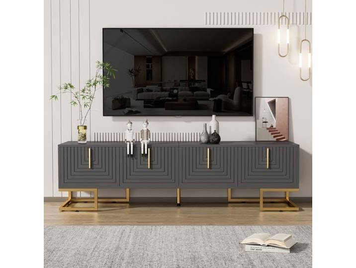 Meuble TV meuble bas avec porte structurée meuble TV poignées dorées et pieds dorés