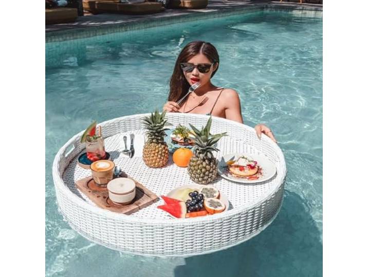 Pnpaea Floating Tray Table Bar Floating Tray,Circle Rattan Woven Floating Serving Tray Table, Swimming Pool Float for Sandbars, Spas,Parties 60cmround-White