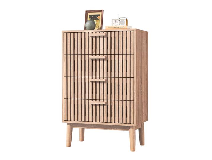 Shopentra Kommode in Eichenoptik mit 4 Schubladen & Art-Deco-Front, Naturfarben, 34x91x60 cm, Kleinmöbel, Kommoden, Kommoden