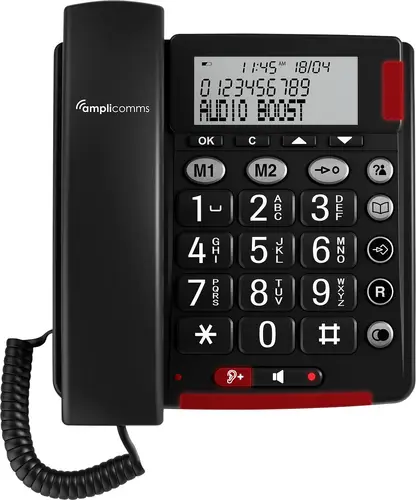Amplicomms BigTel 48 Plus Schnurgebundenes Seniorentelefon Freisprechen, für Hörgeräte kompatibel, Wahlwiederholung LED-Display Schwarz