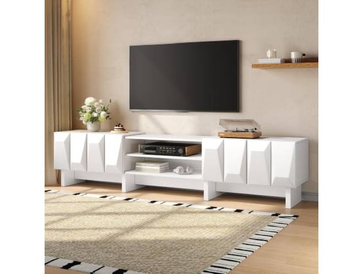 Crlnaup TV Lowboard Fernsehschrank TV Board Spanplatte Relief 4 Türen offene Fächer Kabeldurchlass Wohnzimmer