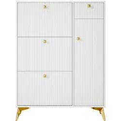 OKWISH Schuhschrank aus Spanplatte und Metall, Weiß, 121x90x25 cm, mit Wellenfront und Kippsicherung